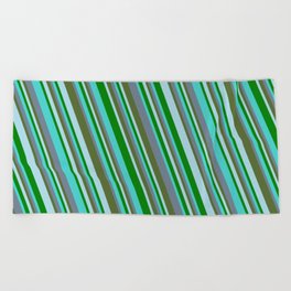 [ Thumbnail: Turquoise, Slate Gray, Dark Olive Green, Light Blue, and Green Colored Striped/Lined Pattern Beach Towel ]