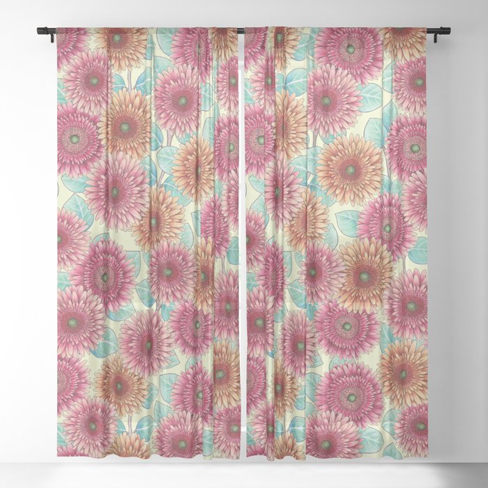 Gerbera Daisies - Pink, Yellow & Teal Floral Sheer Curtain