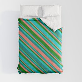 [ Thumbnail: Salmon, Green, Dark Turquoise, and Dark Cyan Colored Lines Pattern Comforter ]