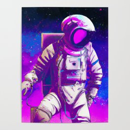 Lone Astronaut Floating in a Cyberpunk Galaxy Poster