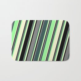 [ Thumbnail: Colorful Grey, Dark Slate Gray, Green, Light Yellow, and Black Colored Striped Pattern Bath Mat ]