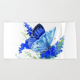Blue Butterfly, blue butterfly lover blue room design floral nature Beach Towel