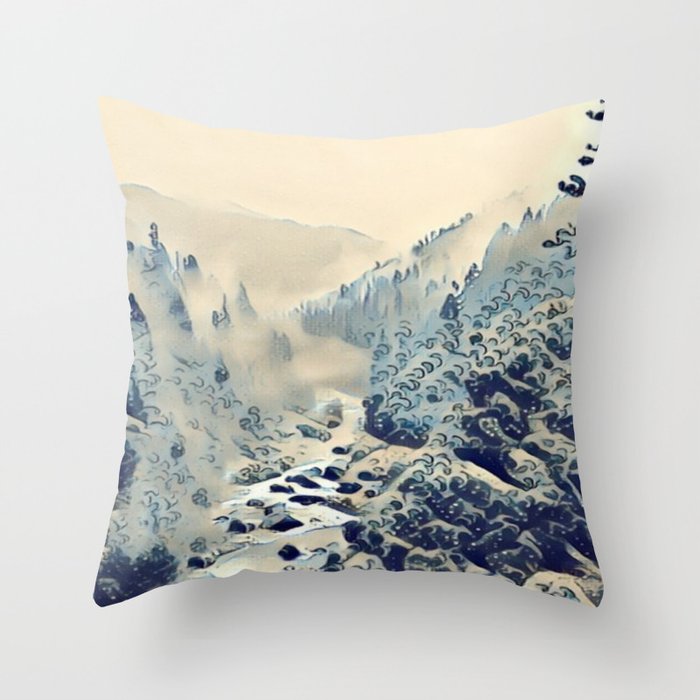 Snow covered forest and river  Throw Pillow