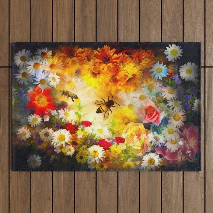 Summers garden floral bloom and bees Outdoor Rug