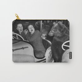 Bear with me; bear riding bumper cars scary women at carnival vintage black and white photograph - photography - photographs wall decor Carry-All Pouch