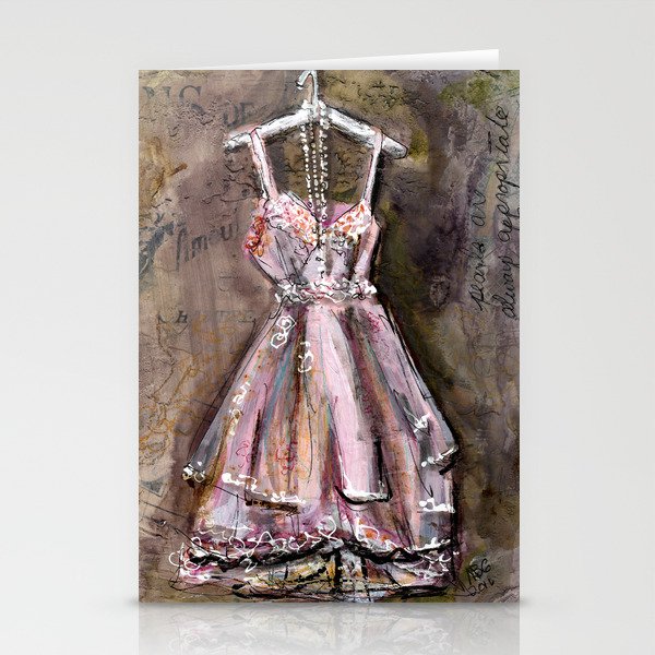 Vintage Pink Dress with Pearls Mixed Media Stationery Cards