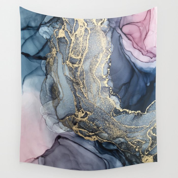 Blush, Payne's Gray and Gold Metallic Abstract Wall Tapestry