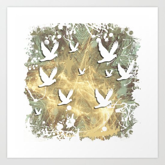 Birds on beige messy kaleidoscope Art Print