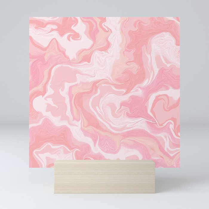 Elegant abstract pink coral white watercolor marble Mini Art Print