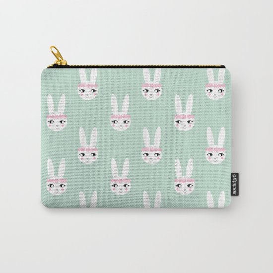 Bunny Rabbit mint spring cute character illustration nursery kids minimal floral crown Carry-All Pouch