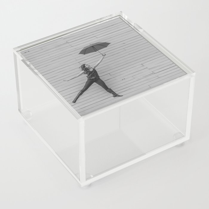 On the way to the break of day; woman flying with umbrella confidence inspirational female black and white photograph - photography - photographs Acrylic Box