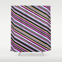 [ Thumbnail: Eye-catching Dark Khaki, Purple, Lavender, Slate Gray, and Black Colored Lined/Striped Pattern Shower Curtain ]
