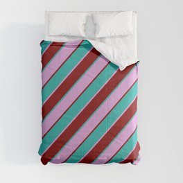 [ Thumbnail: Plum, Maroon & Light Sea Green Colored Pattern of Stripes Comforter ]