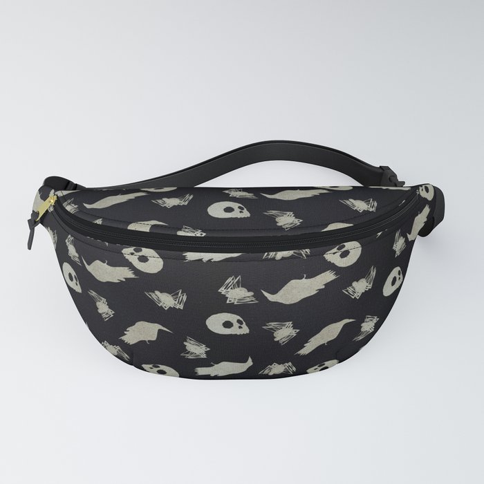 Creepy Objects - Skulls Spiders Ravens - Silver and Black Fanny Pack