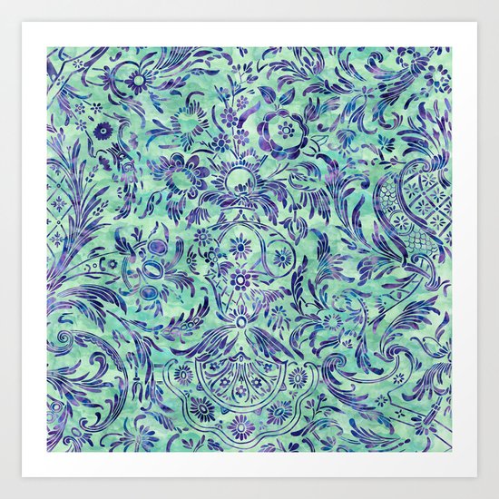 Watercolor Damask Pattern 06 Art Print