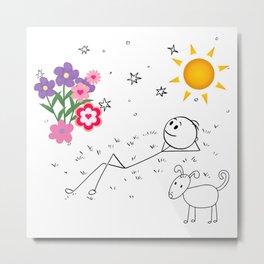 Happy Daze Folk Art Stick Man With Sun and Flowers and Dog Metal Print | Cute, Colourful, Thoughts, Happiness, Sunshine, Summer, Positive, Folkart, Dogs, Folk 