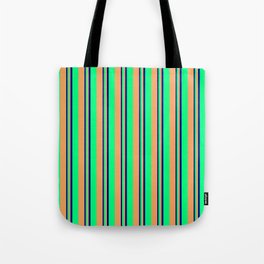 [ Thumbnail: Blue, Green & Brown Colored Lines/Stripes Pattern Tote Bag ]