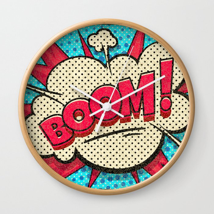 Boom pop art cloud bubble. Funny speech bubble. Trendy Colorful retro vintage background in pop art retro comic style. Illustration Wall Clock