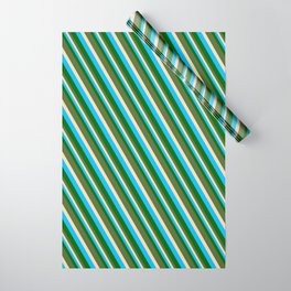 [ Thumbnail: Deep Sky Blue, Dark Green, Dark Olive Green & Tan Colored Pattern of Stripes Wrapping Paper ]
