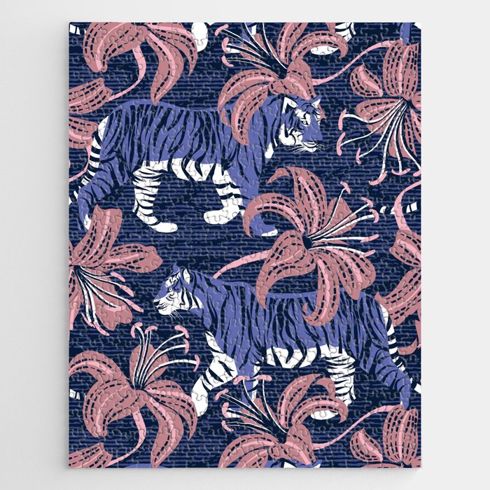 Tigers in a tiger lily garden // textured navy blue background very peri wild animals carissma pink flowers Jigsaw Puzzle