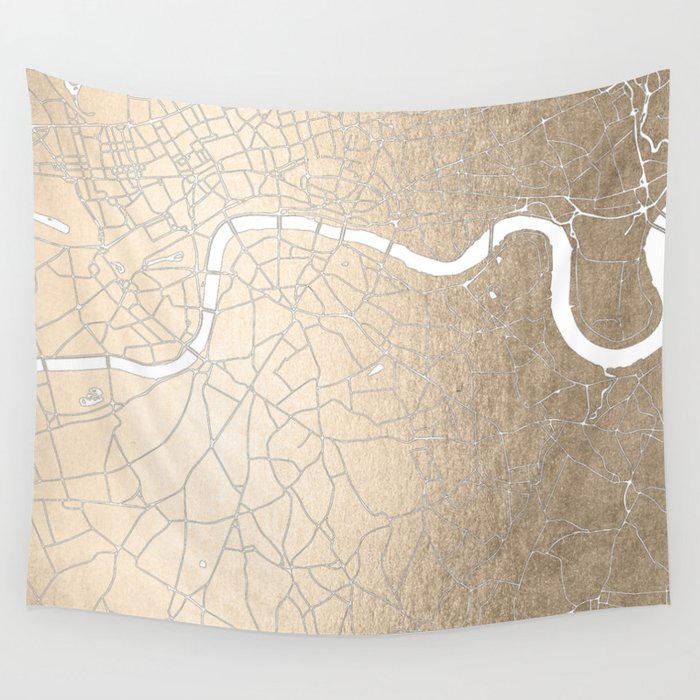 Gold on White London Street Map II Wall Tapestry