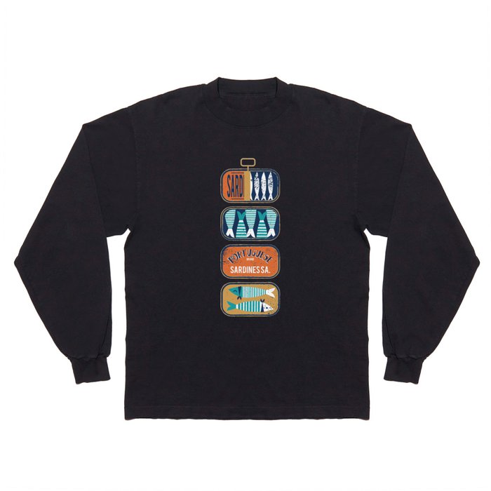 Vintage canned sardines // navy blue background peacock teal and gold drop orange cans  Long Sleeve T Shirt