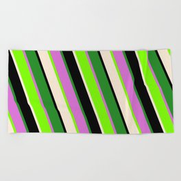 [ Thumbnail: Colorful Green, Beige, Black, Forest Green, and Orchid Colored Stripes/Lines Pattern Beach Towel ]