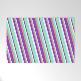 [ Thumbnail: Dark Salmon, Dark Orchid, White, and Aquamarine Colored Striped Pattern Welcome Mat ]