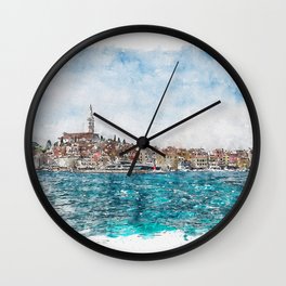 Aquarelle sketch art. Boat trip Rovinj. View to the city. Wall Clock