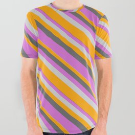 [ Thumbnail: Dim Gray, Orchid, Light Gray & Orange Colored Lined Pattern All Over Graphic Tee ]