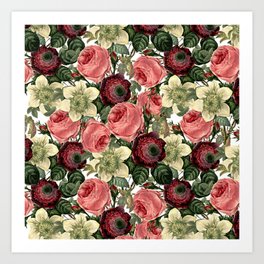 Vintage & Shabby Chic - Pink and Red Roses Retro Flower Garden Pattern Art Print