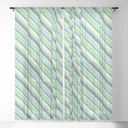[ Thumbnail: Light Blue, Slate Gray, Beige & Light Green Colored Striped/Lined Pattern Sheer Curtain ]