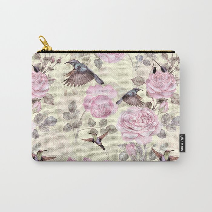 Vintage & Shabby Chic - Lush pastel roses and hummingbird pattern Carry-All Pouch