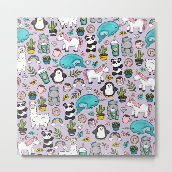 Narwhal and Friends, Emoji Tween Print, Unicorn, Cute Panda, Frappuccino, Penguin, Hippo Girls Art Metal Print