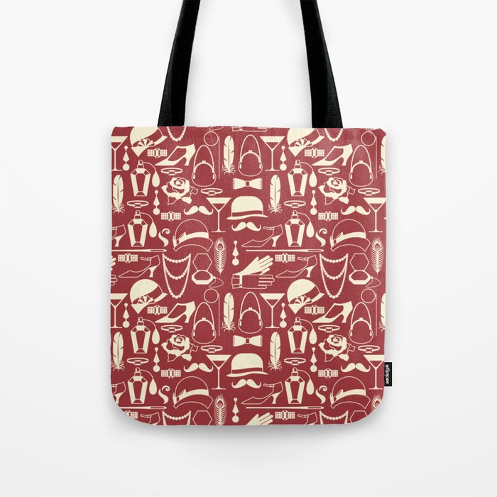 White Fashion 1920s Vintage Pattern on Antique Red Tote Bag