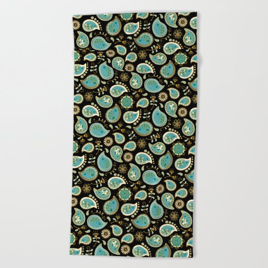 Hedgehog Paisley_Teal BgBlack Beach Towel