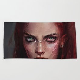 Portrait Angry Red Girl Character Digital Painting Oil Creative Anime Game Essential by Dream Studio Beach Towel