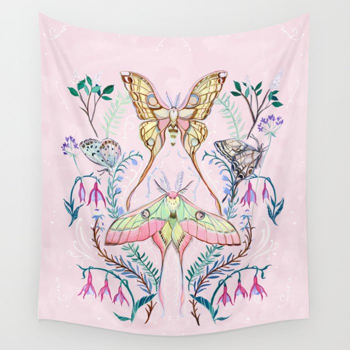 Chinese Moon Moth and Butterflies Wall Tapestry