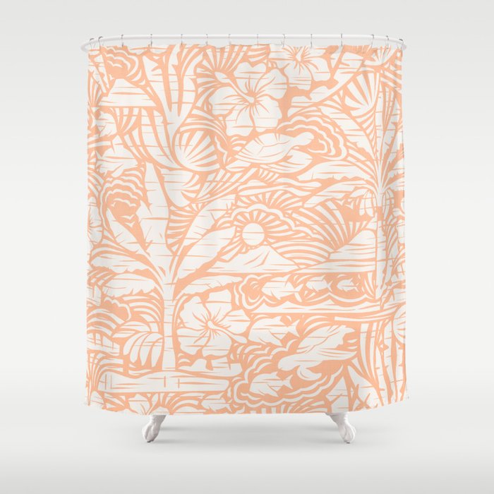 Hawaiian Block Print / Vintage Nature on Peach Fuzz Shower Curtain