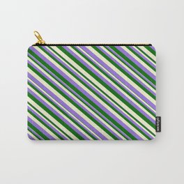 [ Thumbnail: Purple, Dark Green, and Light Yellow Colored Stripes Pattern Carry-All Pouch ]