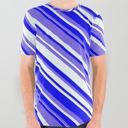 [ Thumbnail: Medium Slate Blue, Mint Cream, and Blue Colored Lines Pattern All Over Graphic Tee ]