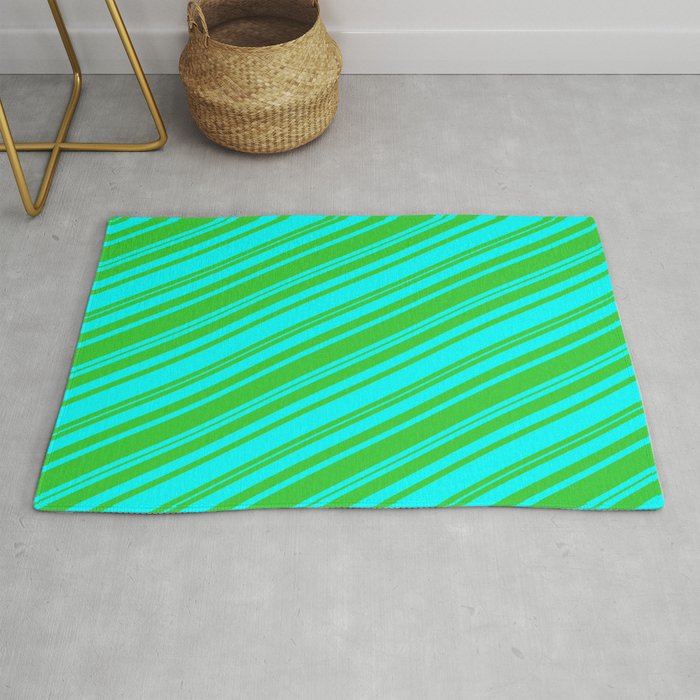 Lime Green & Cyan Colored Stripes Pattern Rug