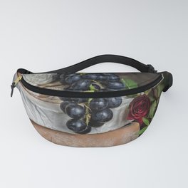 Brie, parmesan, parmigiano-reggiano, vineyard wine grapes, and roses color photograph for kitchen and dining room food and wine decor Fanny Pack