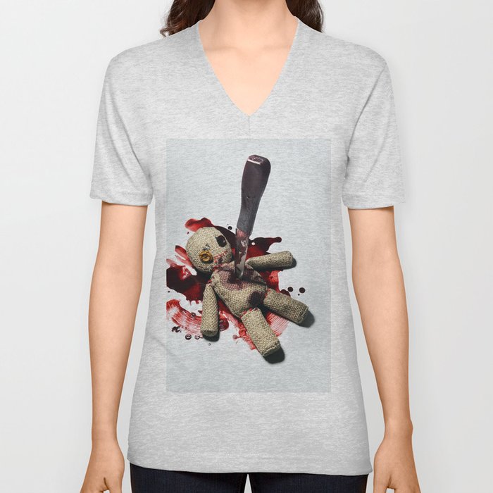 Sack Voodoo doll and bloody knife V Neck T Shirt