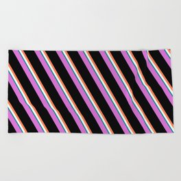 [ Thumbnail: Orchid, Black, Coral, Mint Cream, and Teal Colored Lines/Stripes Pattern Beach Towel ]