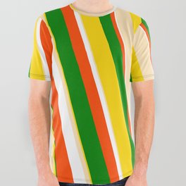 [ Thumbnail: Eye-catching Yellow, Beige, White, Red & Green Colored Pattern of Stripes All Over Graphic Tee ]