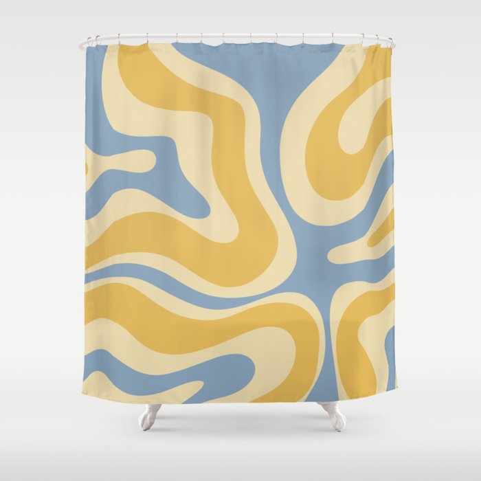 Modern Retro Liquid Swirl Abstract Pattern in Light Blue and Mustard Yellow Shower Curtain