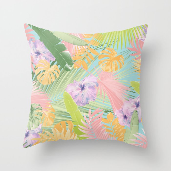 Pastel Summer Hibiscus Flower Jungle #1 #tropical #decor #art #society6 Throw Pillow