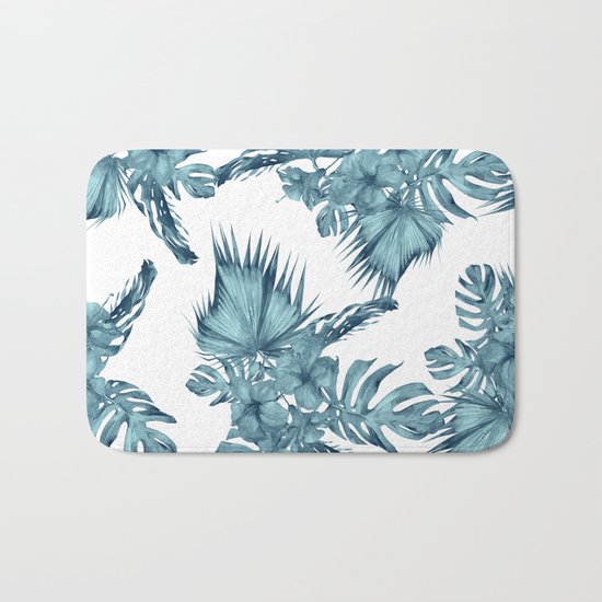 Tropical Palm Leaves Hibiscus Flowers Blue Bath Mat