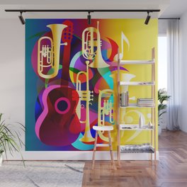 Colorful music instruments with guitar, trumpet, musical notes, bass clef and abstract decor Wall Mural